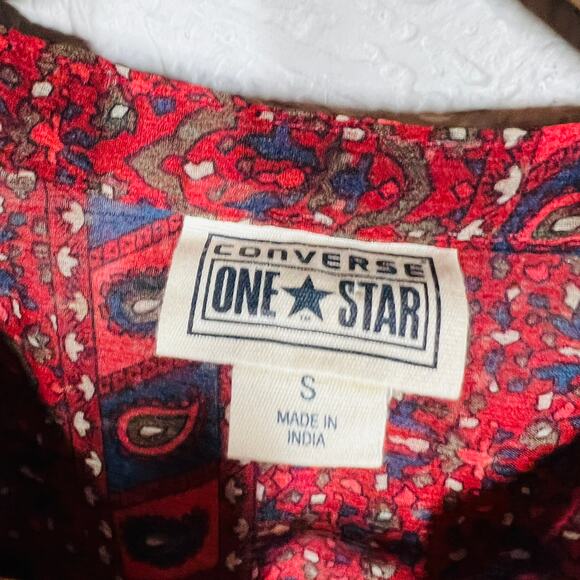 Converse Semi Sheer Ball Button Tunic Top Peasant Blouse Red Print Long Slv - S - Picture 6 of 6